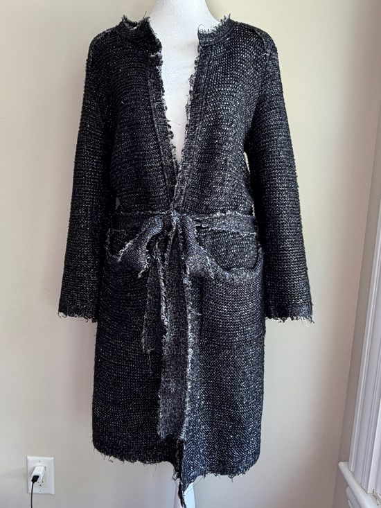 Zara Sweaters - Zara Knit Women's Medium Textured Black Tweed Long Open Cardigan with Tie